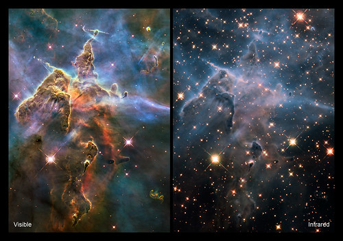 Comparison of the Carina Nebula in visible light (left) and infrared (right), both images by Hubble. In the infrared image, we can see more stars that weren't visible before. Credit: NASA/ESA/M. Livio & Hubble 20th Anniversary Team (STScI)