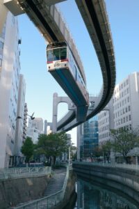 A Monorail Train Between High Rise Buildings