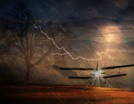 plane flying through rain