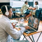 Remote work from a cafe on video call