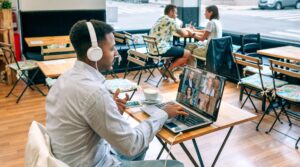 Remote work from a cafe on video call