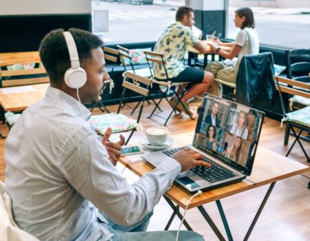 Remote work from a cafe on video call